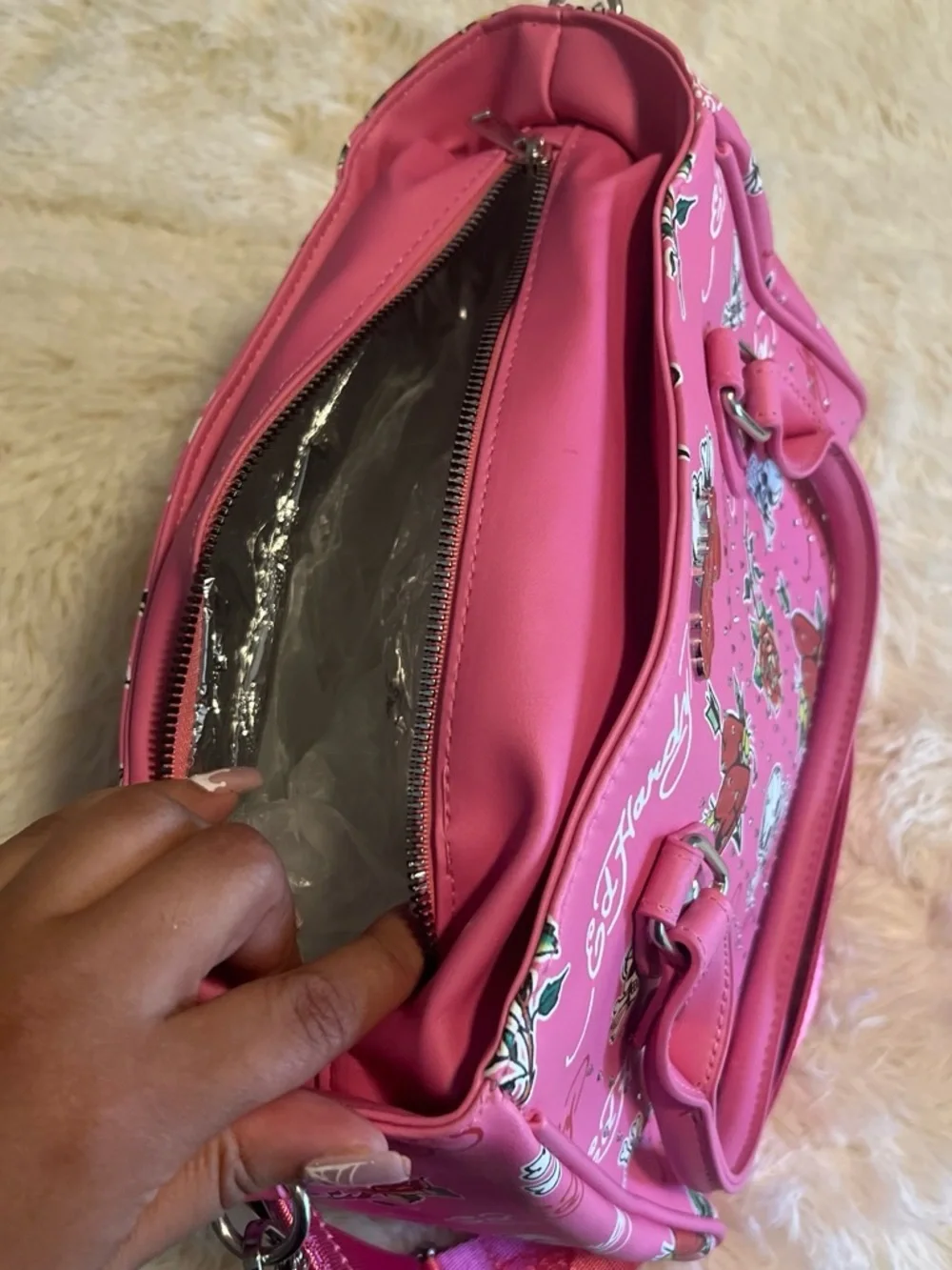 Ed Hardy Hot Pink Tattoo-Print Lunch Satchel with Stud Detail and thermal lining